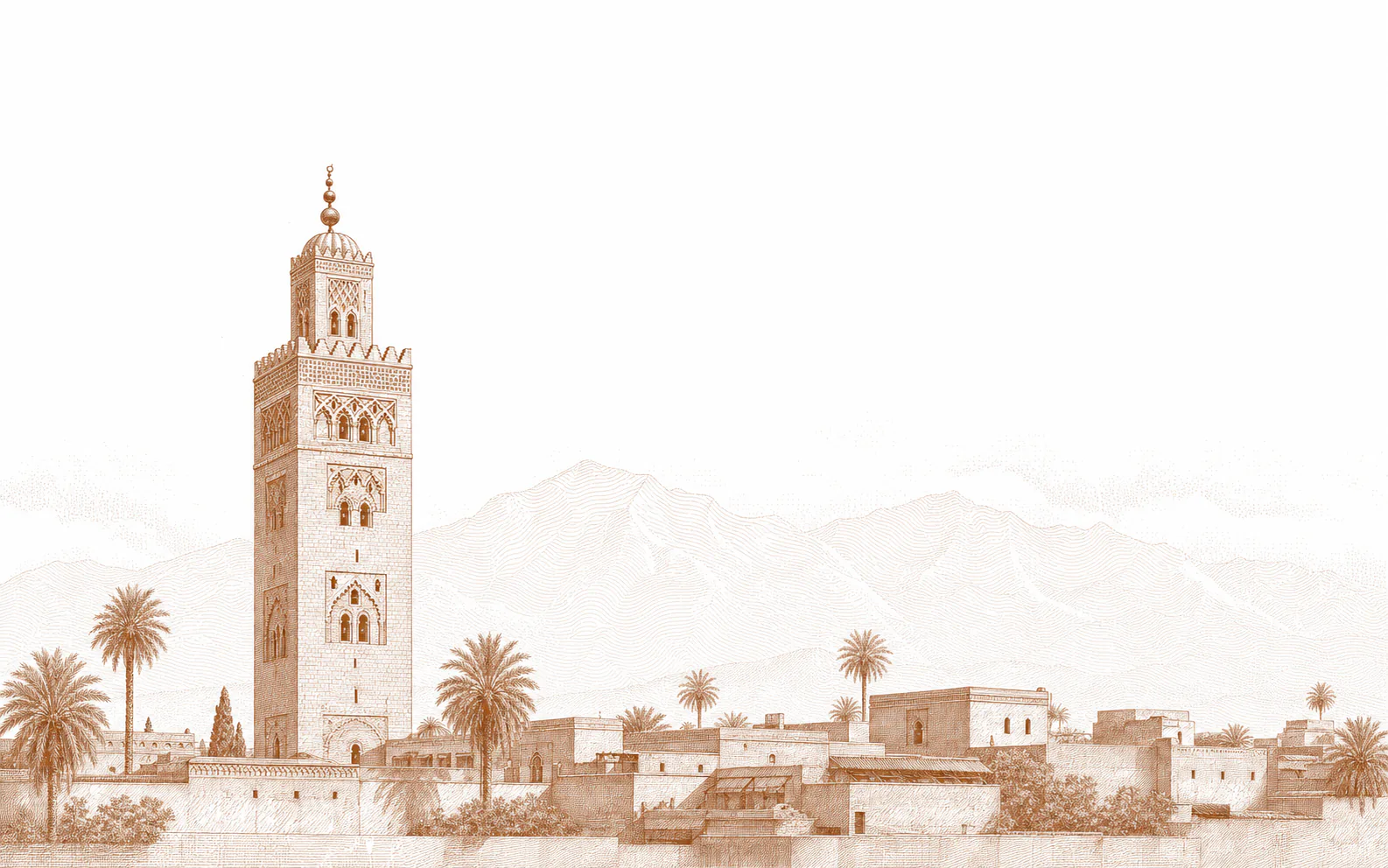 Engraved panorama of Marrakech rooftops and the Atlas mountains