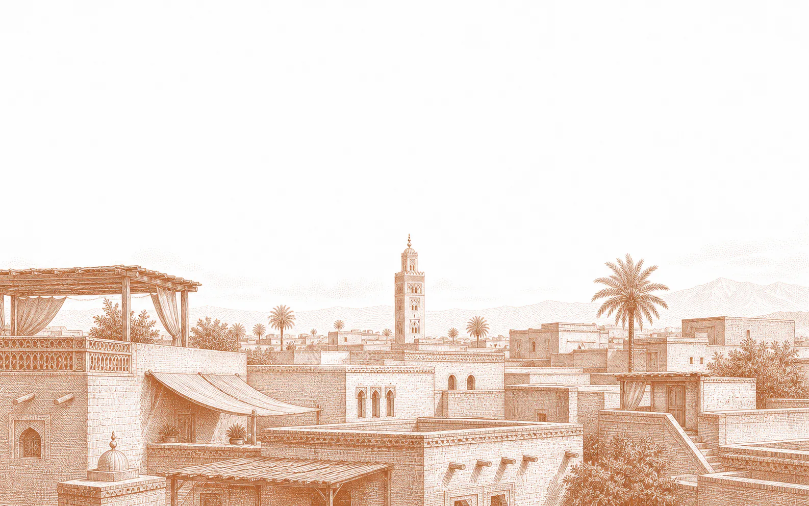 Engraving of the rooftops of the Marrakech medina