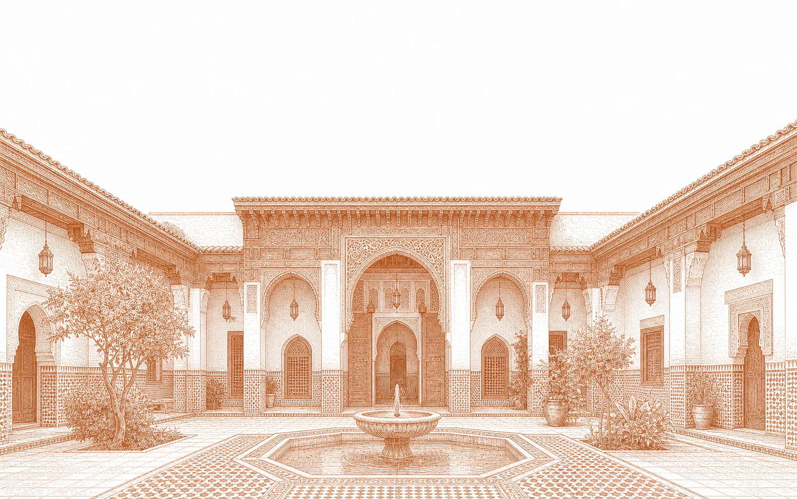 Engraving of a riad courtyard in Marrakech with a central fountain, carved arches and orange trees.