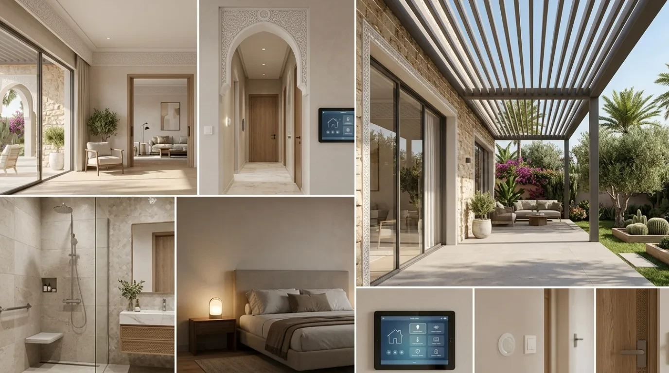 Collage of bright interiors, a shaded patio and smart home controls