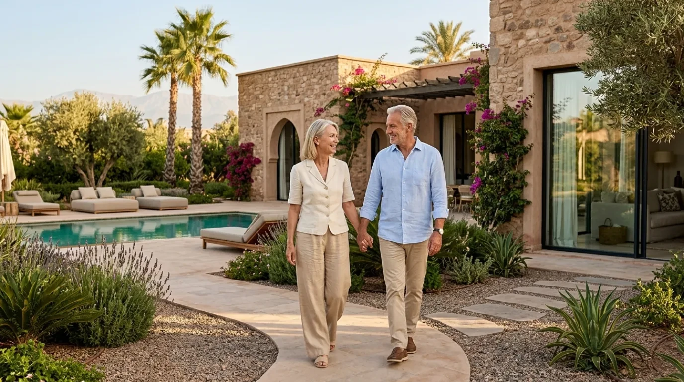Older couple walking beside the pool of a landscaped Moroccan villa