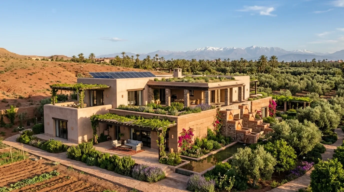 Contemporary villa surrounded by olive groves with the Atlas Mountains beyond