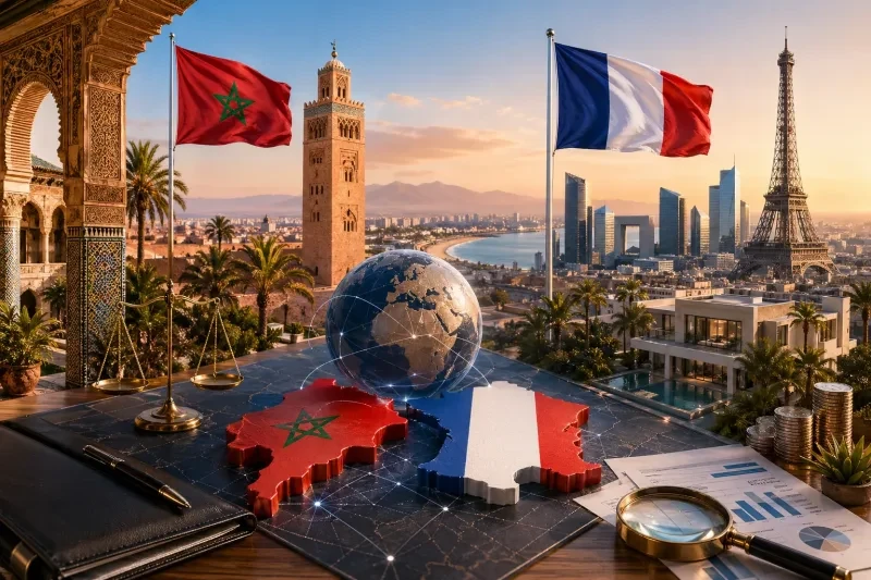 Moroccan and French flags, landmarks, and financial symbols