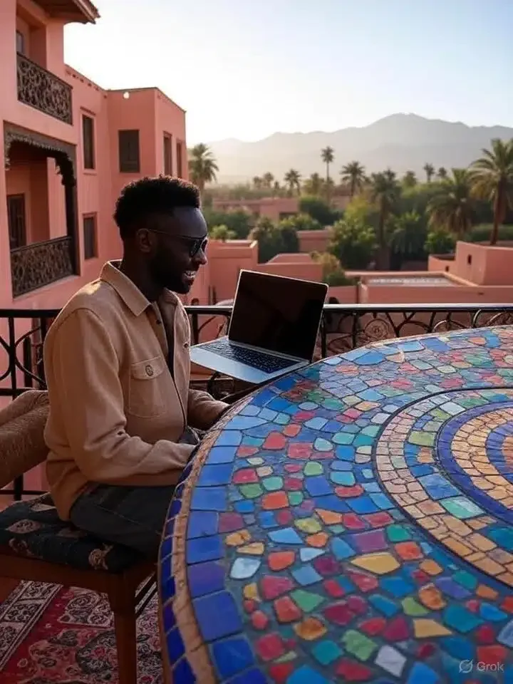 Remote worker using a laptop beside a Marrakech villa pool