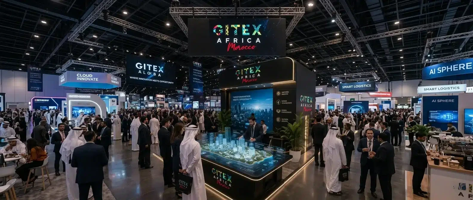 Crowded GITEX Africa exhibition hall with technology booths