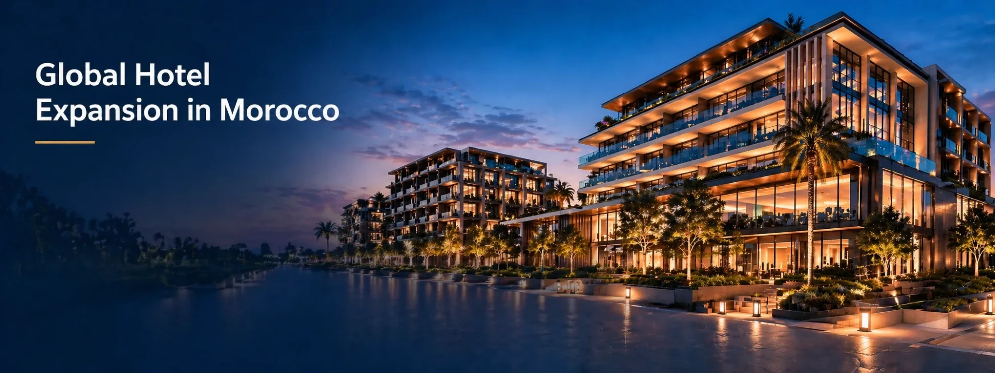 Modern waterfront hotel illuminated at dusk