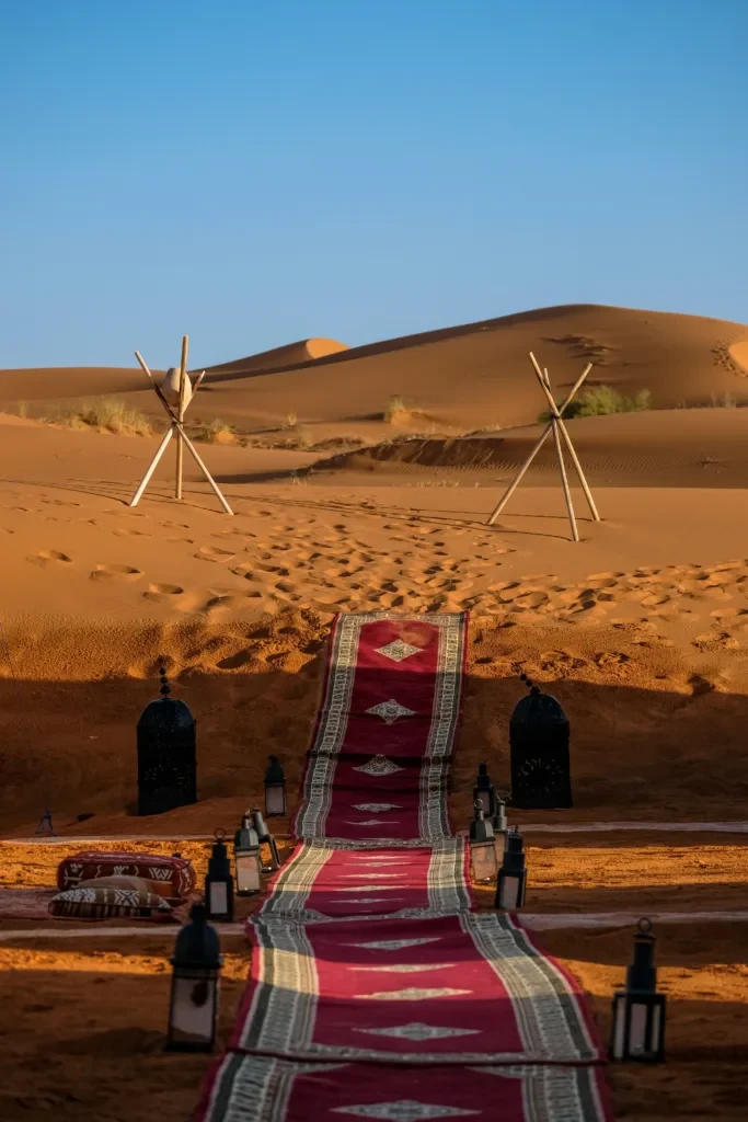 Stone desert landscape and luxury camp in Agafay near Marrakech