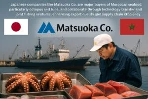 Seafood worker beside octopus and tuna beneath Japanese and Moroccan flags