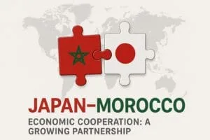Moroccan and Japanese flag pieces joined over a world map