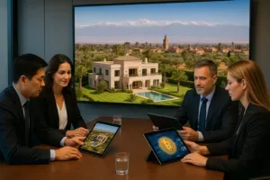 Four professionals discussing property and digital assets in a boardroom