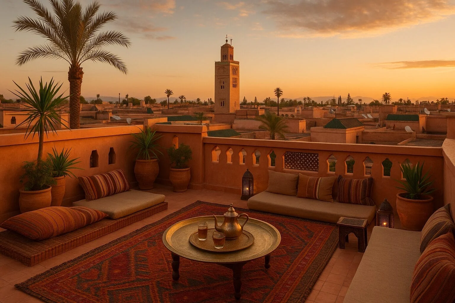 Furnished Moroccan rooftop terrace above a historic city