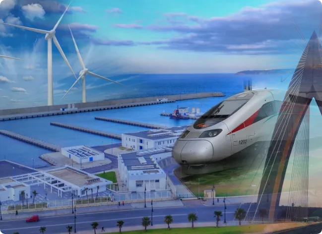 Composite of a high-speed train, seaport and wind turbines