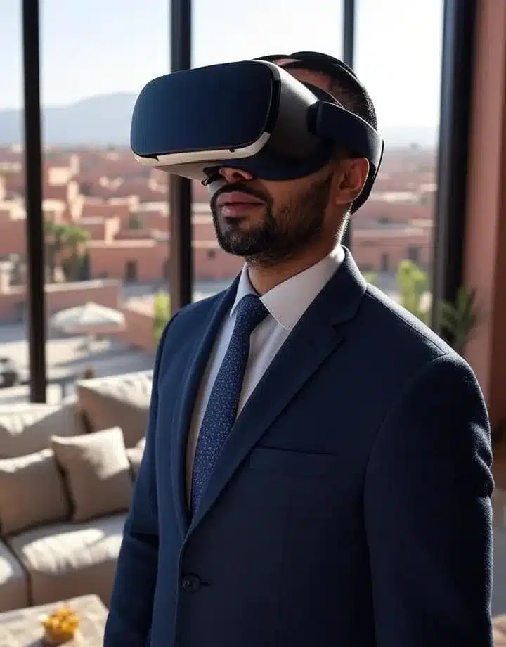 Buyer using a virtual-reality headset to tour a Marrakech property