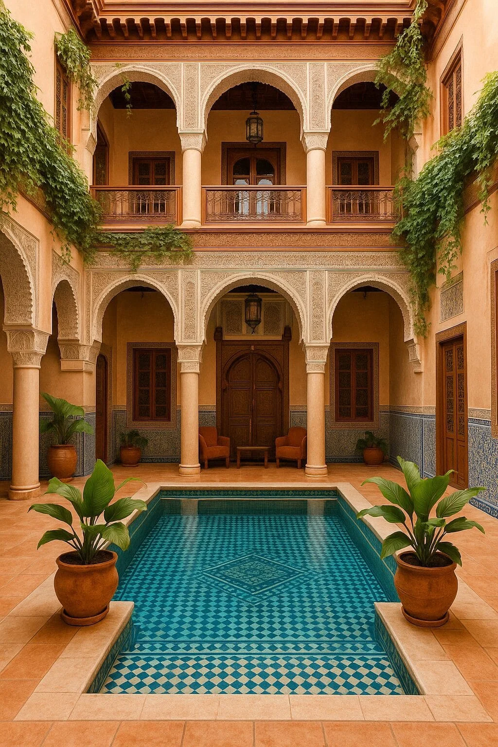 Traditional Marrakech riad with a shaded central courtyard