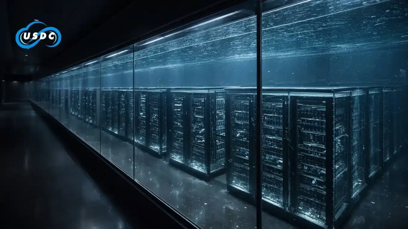 Rows of servers inside a dark data center