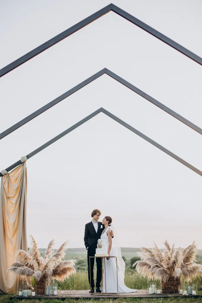 An outdoor wedding dinner arranged in a Marrakech villa garden