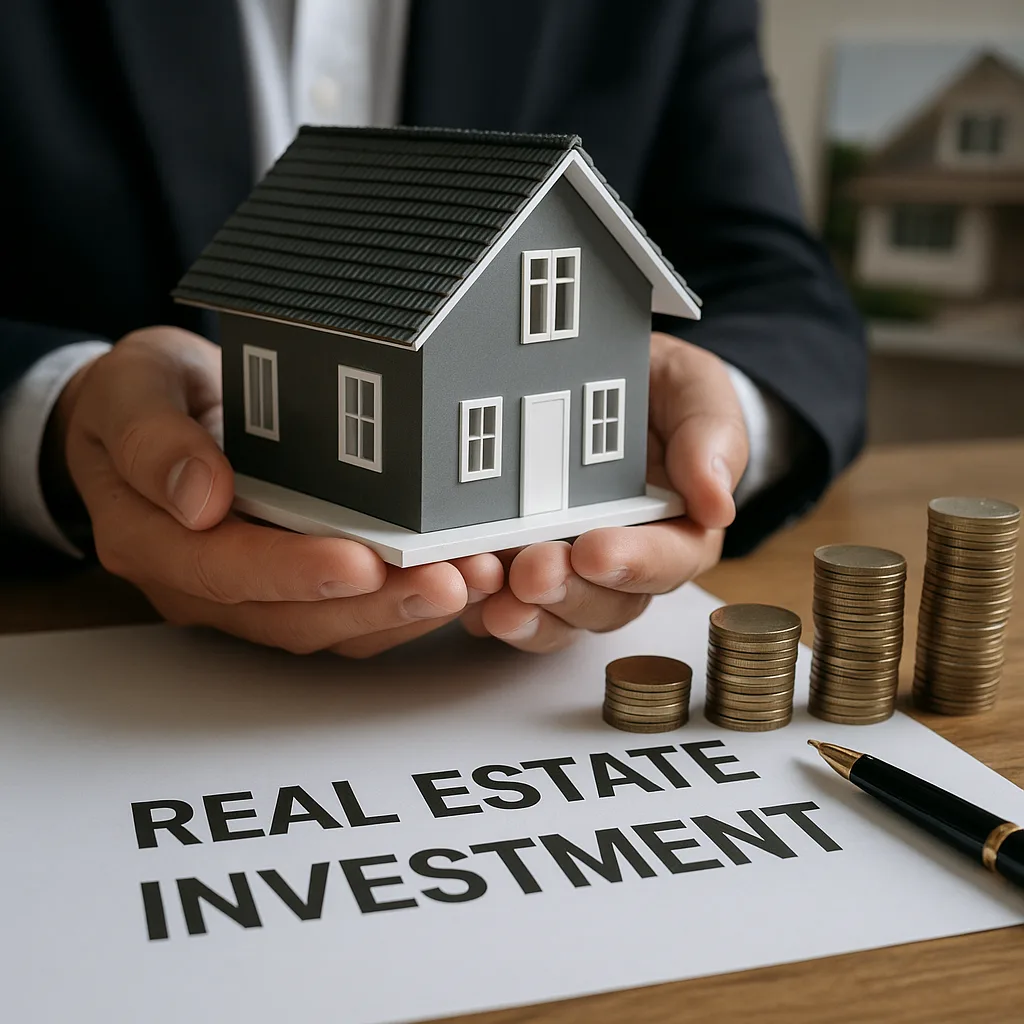 Mini house on two hands above paper with some coins on the side