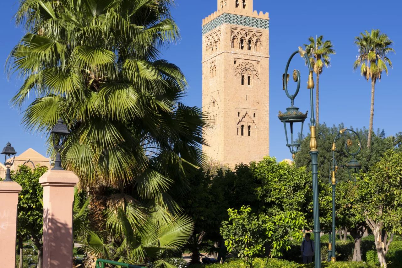 View of the Koutoubia Mosque in Marrakech, Morocco, surrounded by palm trees and greenery under a clear blue sky.