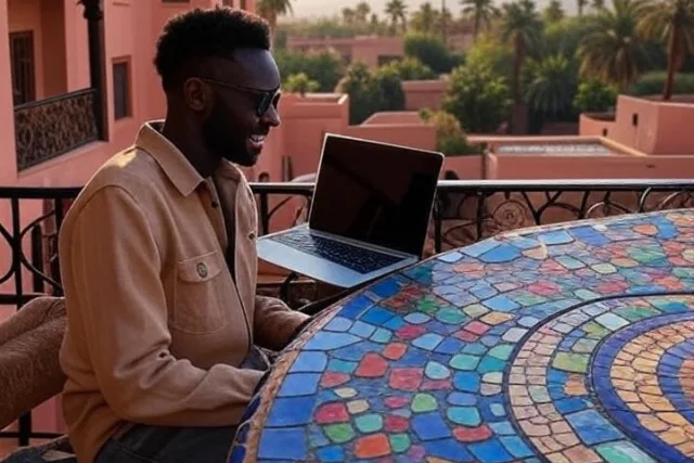 Man working remotely on laptop at a digital nomad villa in Marrakech with mosaic table and mountain views