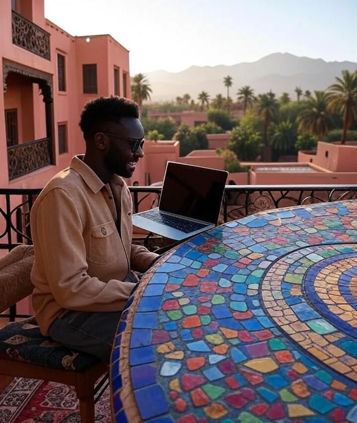 Man working remotely on laptop at a digital nomad villa in Marrakech with mosaic table and mountain views
