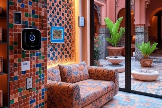 Smart home control panel installed in Moroccan-style interior in Marrakech riad. Let me know if you’d like this image used in an article or post!
