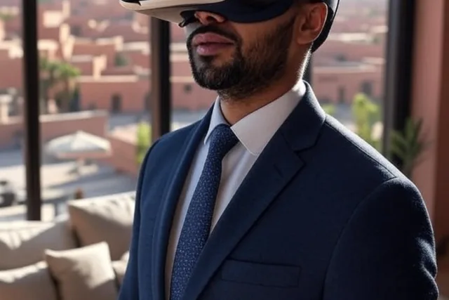 Man wearing VR headset inside a traditional riad, exploring virtual tours for property buying Marrakech.