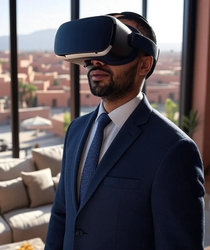 Man wearing VR headset inside a traditional riad, exploring virtual tours for property buying Marrakech.
