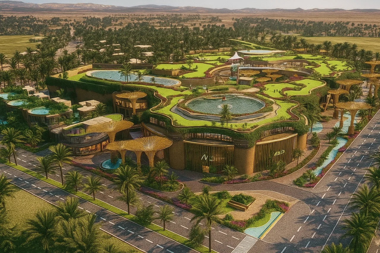 Futuristic Morocco Mall Marrakech 2030 with green roofs, water features, and palm trees amid desert and greenery, showcasing Marrakech Real Estate Investment.