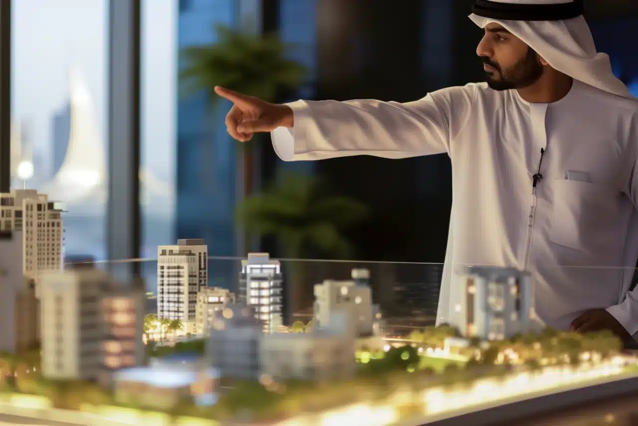 Man in traditional Emirati attire pointing at a scale model of modern buildings in a real estate showroom.