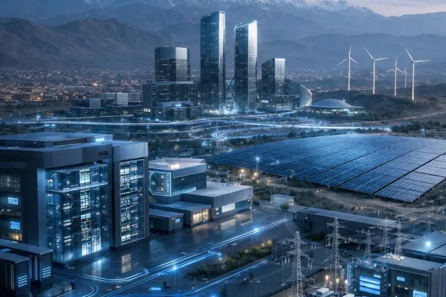 Morocco, advanced digital infrastructure with data centers, fiber networks, renewable energy systems including solar and wind, integrated power grid, secure data environment