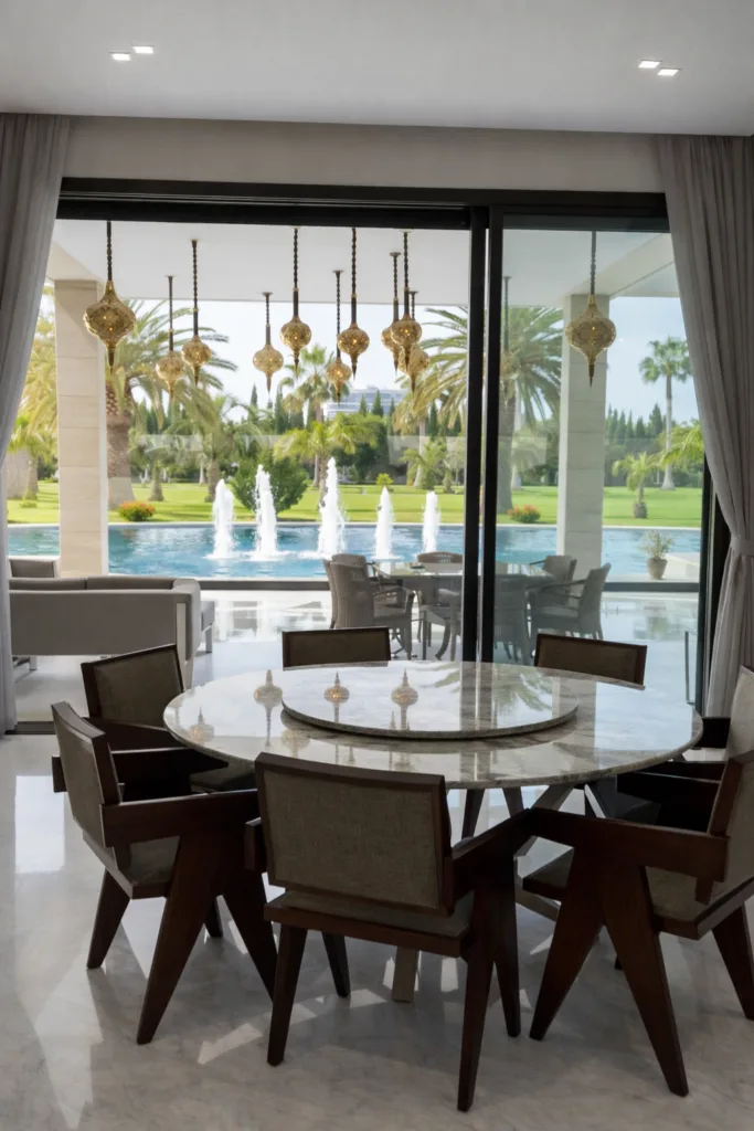 Luxurious interior dining room of an off-market luxury villa Marrakech, with views through large glass doors to a private swimming pool with fountains and a lush palm garden under a sunny sky.