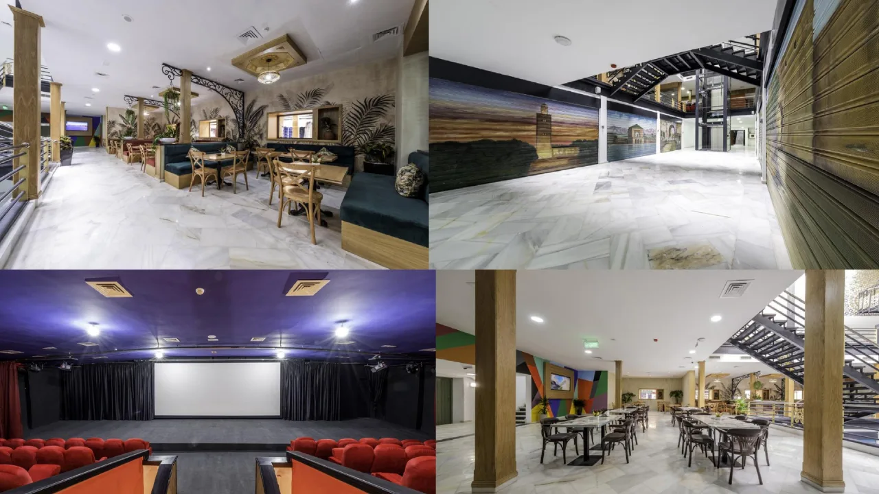 Commercial mall interior Marrakech with restaurant, cinema and retail space