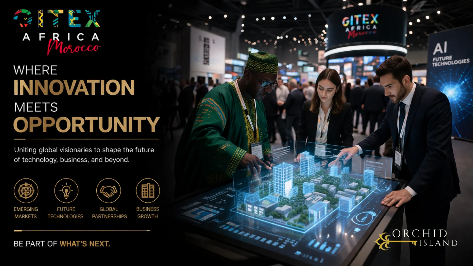 Scene at GITEX Africa Morocco showing business professionals interacting with a holographic real estate city model, highlighting innovation, AI technology, and investment opportunities in a dynamic exhibition environment.