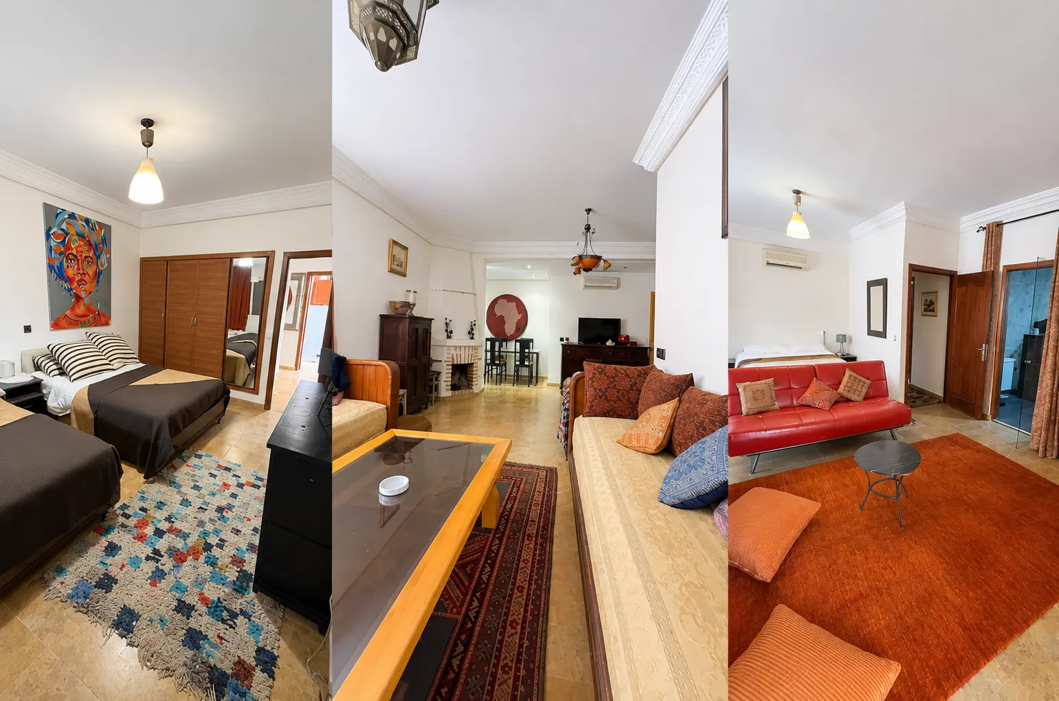 Bright panoramic apartment interior in Marrakech featuring a spacious living room, elegant lounge area, twin bedroom, fireplace, modern furnishings, and warm contemporary décor.